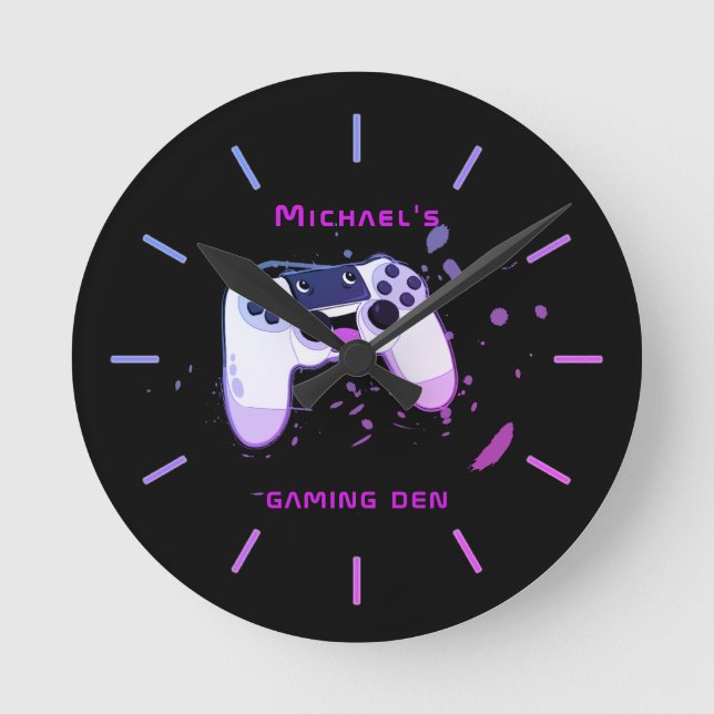 Personalisiert GAMING DEN Gamers Wall Clock Neon Runde Wanduhr (Vorderseite)