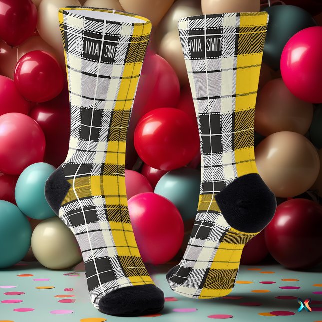 Personalisiert Gelb und Schwarzer Tartan - Kariert Socken (Von Creator hochgeladen)