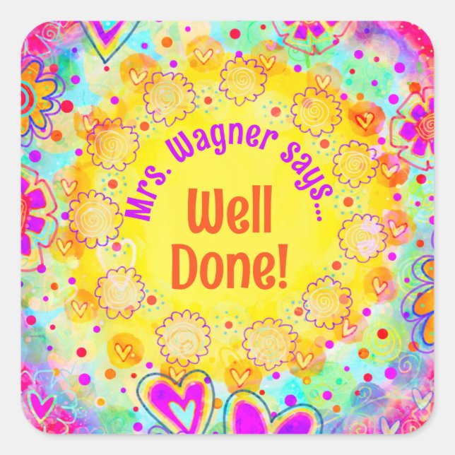 Personalisiert-Gelbe Blütenlehrer Motivierend Quadratischer Aufkleber (Vorderseite)