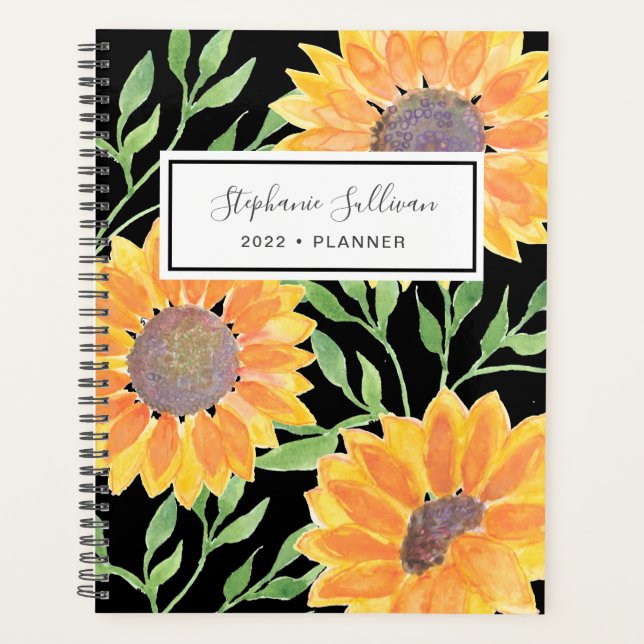 Personalisiert Gelbe Sonnenblumen Schwarz Planer (Vorderseite)