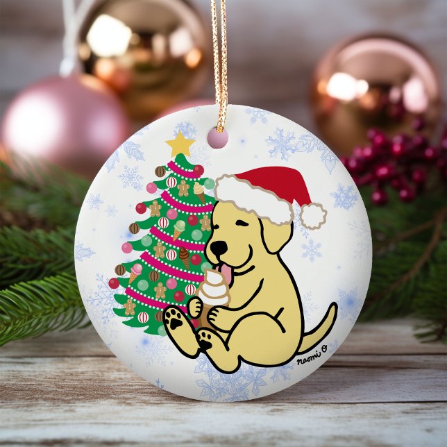 Personalisiert-gelbes Labrador-Eiscreme Keramik Ornament (Personalized Yellow Labrador Ice Cream Christmas Ornament for Yellow Labrador Owners.  Cartoon Style)