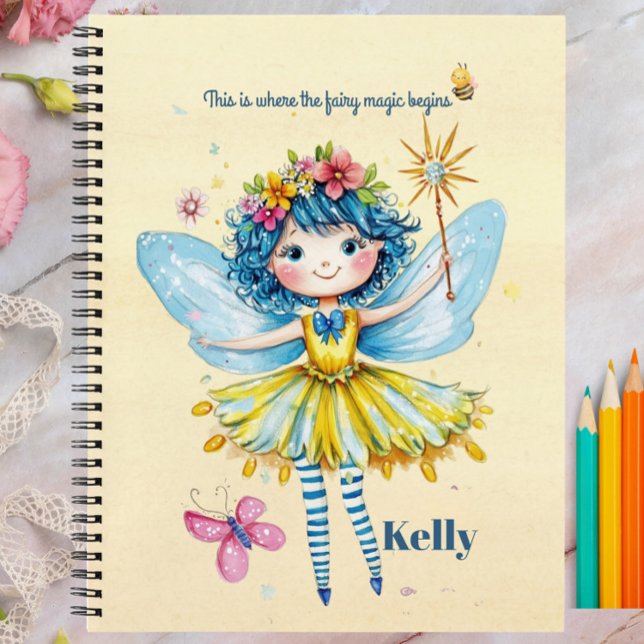 Personalisiert-Gelbfärberei-Notebook und -Journal Notizbuch (Personalized Pastel Yellow Fairy Notebook – Cute Watercolor Fairy Journal for Girls – Custom Name St)