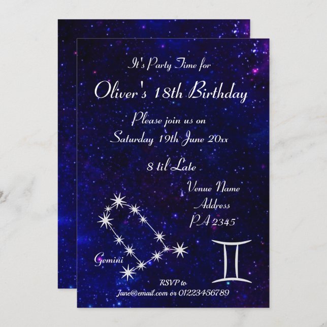 Personalisiert Gemini Zodiac Galaxy Party Einladung (Vorne/Hinten)