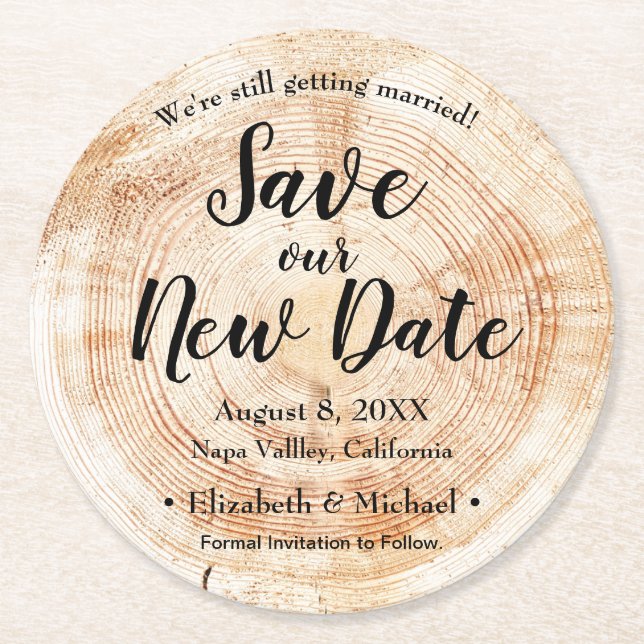 Personalisiert Gerettet unser neues Datum Holzdruc Runder Pappuntersetzer (Vorderseite)