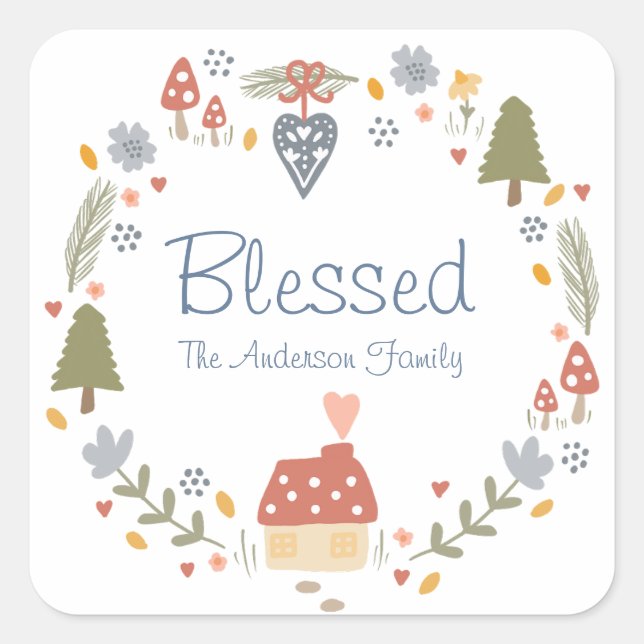 Personalisiert gesegnete, gemütliche Hütte Hygge Quadratischer Aufkleber (Vorderseite)