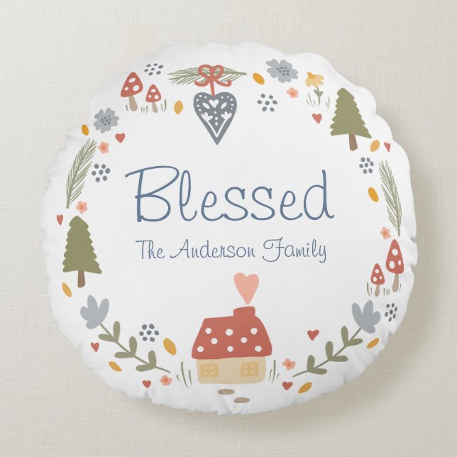 Personalisiert gesegnete, gemütliche Hütte Hygge Rundes Kissen (Vorderseite)