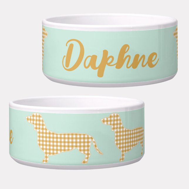Personalisiert Gingham Dackel Mint Napf (Personalized Gingham Dachshund dog bowl with script name)