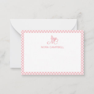 Personalisiert Gingham Peach Pink Girly Monogram Mitteilungskarte