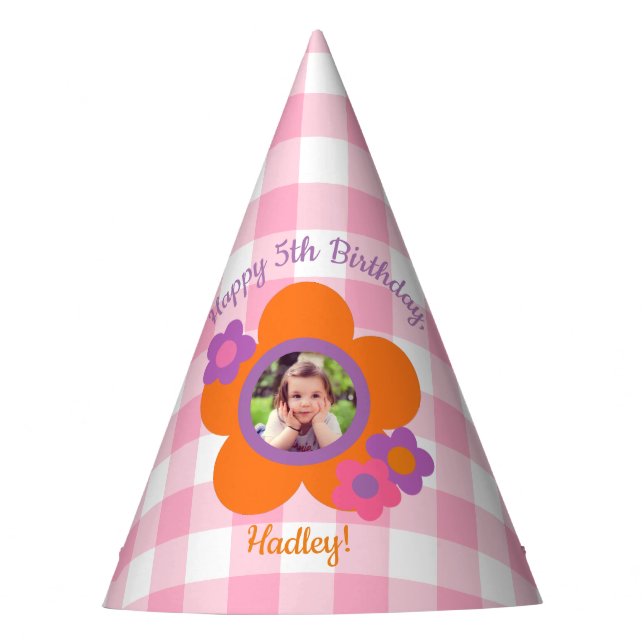 Personalisiert Gingham und Blume Foto Party Hat Partyhütchen (Vorderseite)