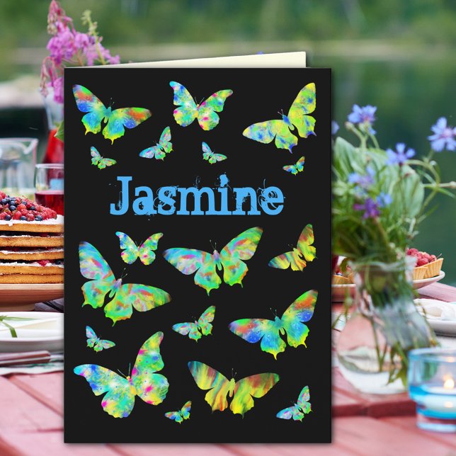 Personalisiert Girl Birthday Psychedelic Butterfly Karte (Funky psychedelic butterflies on black add name personalized happy birthday greetings card)