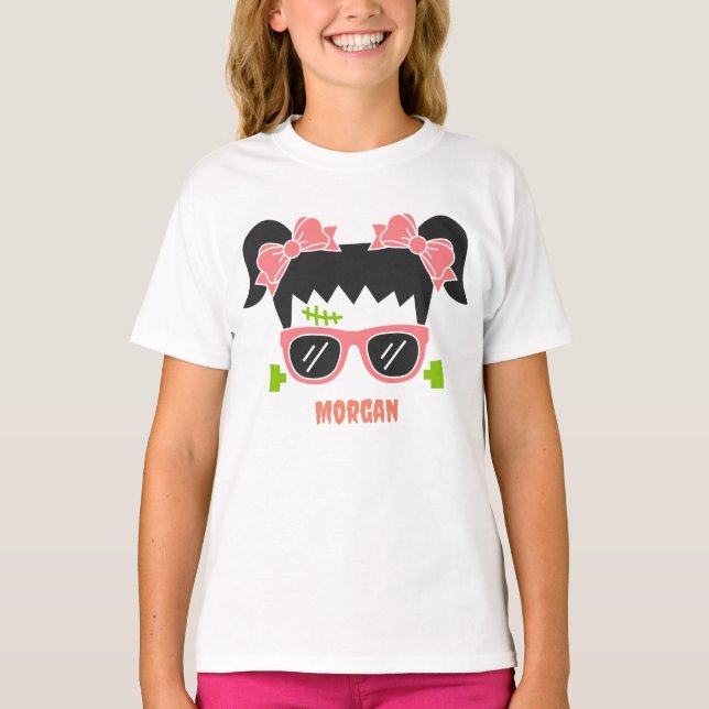 Personalisiert Girl Frankenstein Halloween T-Shirt (Vorderseite)