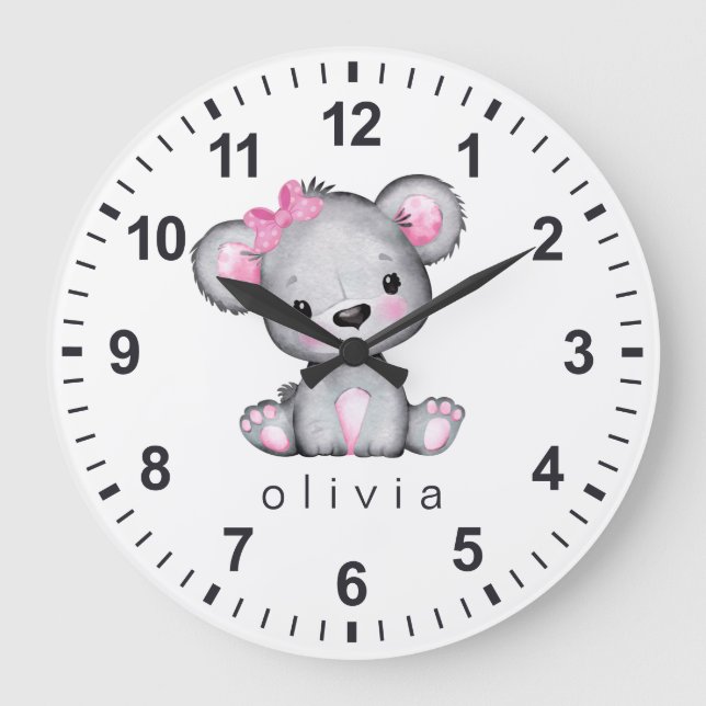Personalisiert Girl Pink Teddy Bär White Große Wanduhr (Vorderseite)