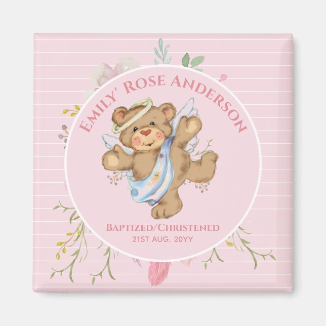 Personalisiert Girls BAPTISM - Pink Angel Teddybea Magnet (Vorne)