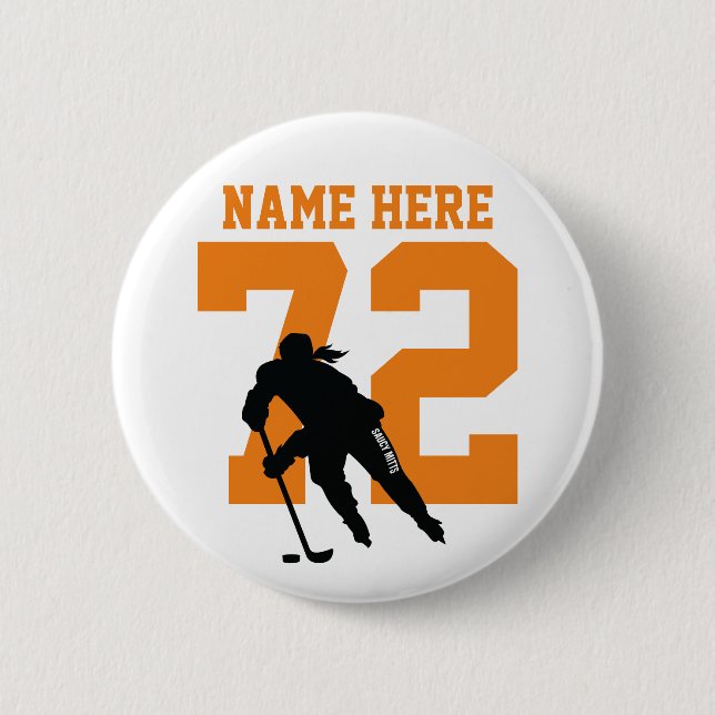 Personalisiert Girls Hockey Name Number Orange Button (Vorderseite)