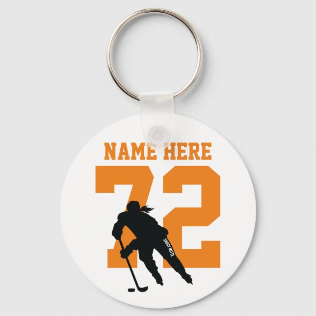 Personalisiert Girls Hockey Name Number Orange Schlüsselanhänger (Vorderseite)