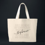 Personalisiert Girls Weekend Trip Individuelle Nam Jumbo Stoffbeutel<br><div class="desc">Große Personalisierte Name Girls Weekend Trip Custom Tote Bag mit bearbeitbarem Text und Text für Ihr Datum,  Ziel oder Ort,  Name und lustiges Zitat wie "Bestien,  Knospen und Getränke" macht einen Spaß und nützlichen Sake für Ihre Freundinnen,  Bestien,  Frauen und Mama Reisegruppe,  oder Brautmädchen.</div>