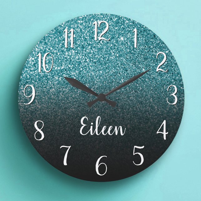Personalisiert Girly Aquamarin Glitzer Black Ombre Große Wanduhr (Personalized Girly Teal Glitter Black Ombre Large Clock)