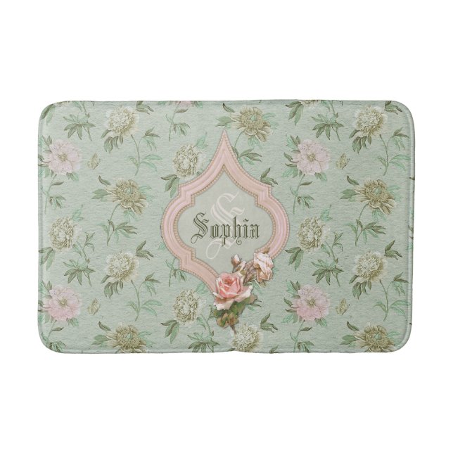 Personalisiert Girly Chic Green und Pink Floral Badematte (Vorderseite)
