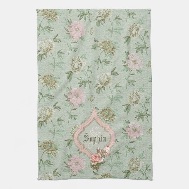 Personalisiert Girly Chic Green und Pink Floral Handtuch (Vertikal)