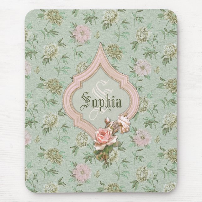 Personalisiert Girly Chic Green und Pink Floral Mousepad (Vorne)