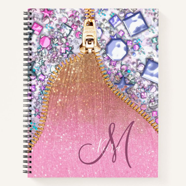Personalisiert Girly Gold Glitzer Mit Monogramm Ro Notizbuch (Vorderseite)