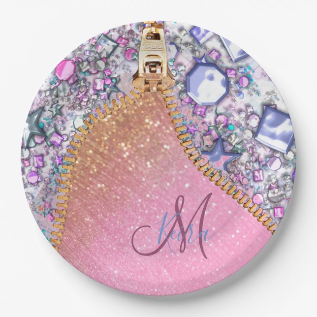 Personalisiert Girly Gold Glitzer Mit Monogramm Ro Pappteller (Vorderseite)