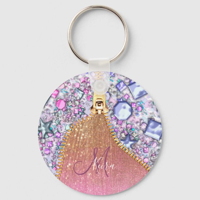 Personalisiert Girly Gold Glitzer Mit Monogramm Ro Schlüsselanhänger (Vorderseite)