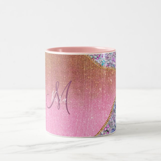 Personalisiert Girly Gold Glitzer Mit Monogramm Ro Zweifarbige Tasse (Mittel)
