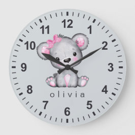 Personalisiert Girly Pink Teddy Bär Grau Große Wanduhr
