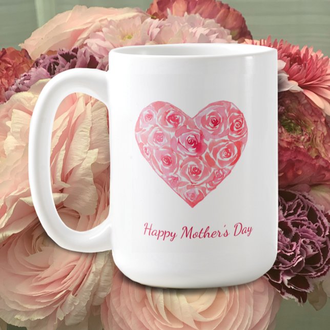 Personalisiert glückliche Mutter Tag Wasserfarben  Kaffeetasse (Custom Mother’s Day gift mug. Add your names and personalize this original watercolor rose heart mug)