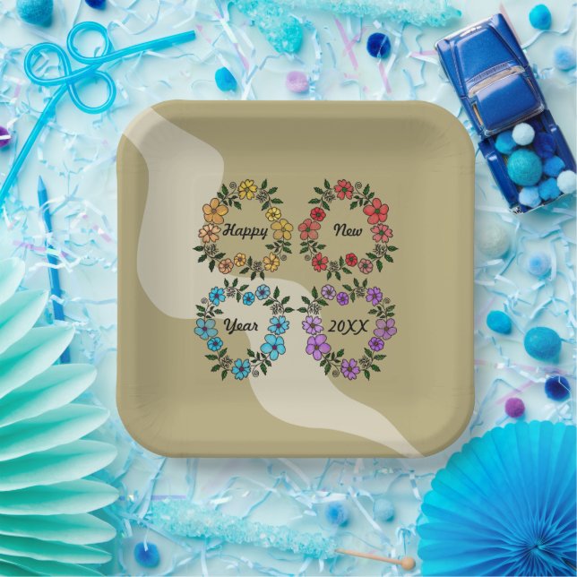 PERSONALISIERT GLÜCKLICHES NEUJAHR 20XX & BLUME KR PAPPTELLER (Party)