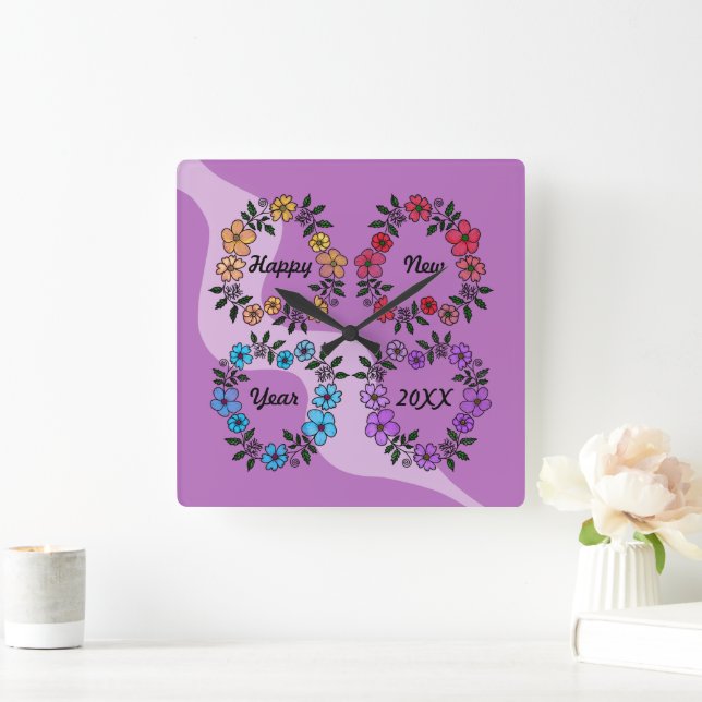 PERSONALISIERT GLÜCKLICHES NEUJAHR 20XX & BLUME KR QUADRATISCHE WANDUHR (Zuhause)