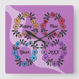 PERSONALISIERT GLÜCKLICHES NEUJAHR 20XX & BLUME KR QUADRATISCHE WANDUHR
