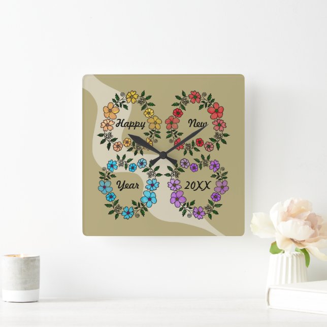 PERSONALISIERT GLÜCKLICHES NEUJAHR 20XX & BLUME KR QUADRATISCHE WANDUHR (Zuhause)