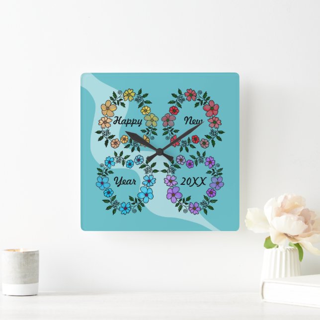 PERSONALISIERT GLÜCKLICHES NEUJAHR 20XX & BLUME KR QUADRATISCHE WANDUHR (Zuhause)