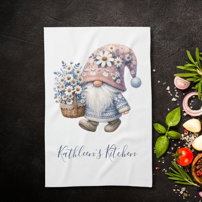 Personalisiert Gnome Daises Weiße Gelbe Blumen Geschirrtuch (Daisy Flowers Gnome Personalized Kitchen Towel. Bridal Shower Gift, Housewarming gift,)