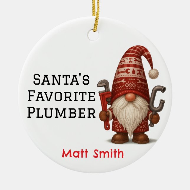 Personalisiert Gnome Plumber/Handyman Weihnachten Keramik Ornament (Vorne)