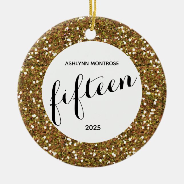 Personalisiert Gold Glitzer 15. Geburtstag Keramik Ornament (Vorne)