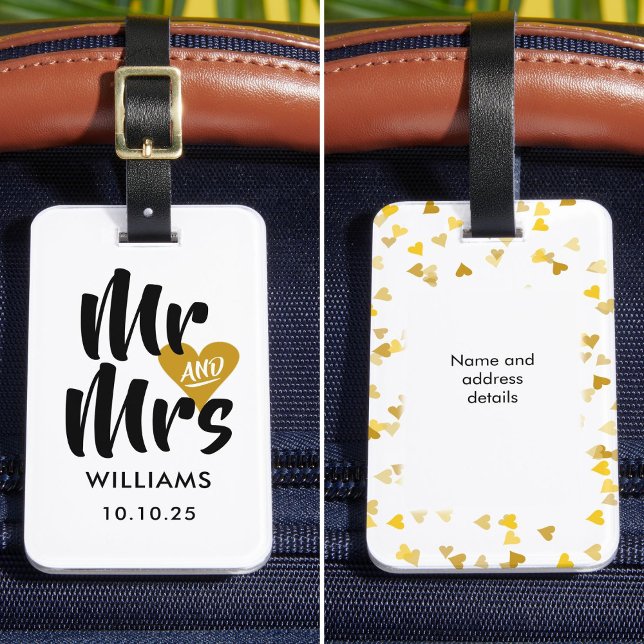 Personalisiert Gold Heart Mr. and Mrs. Gepäckanhänger (Personalized Gold Heart Mr and Mrs Luggage Tag)