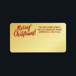 Personalisiert Gold Merry Christmas Mailing Label Adressaufkleber<br><div class="desc">Sanfter goldener Hintergrund kombiniert mit einem schönen roten Drehbuch Frohe Weihnachten zu einem kühlen und traditionellen Weihnachtslabel. Ihre Adresse ist neben dem Frohen Weihnachten und ist leicht zu anpassen.</div>