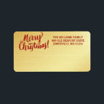 Personalisiert Gold Merry Christmas Mailing Label Adressaufkleber<br><div class="desc">Sanfter goldener Hintergrund kombiniert mit einem schönen roten Drehbuch Frohe Weihnachten zu einem kühlen und traditionellen Weihnachtslabel. Ihre Adresse ist neben dem Frohen Weihnachten und ist leicht zu anpassen.</div>