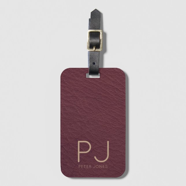Personalisiert Gold Monogram Simple Burgundy Leath Gepäckanhänger (Vorderseite Vertikal)