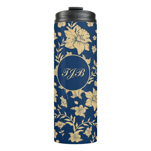 Personalisiert Gold Navy Floral Tumbler Thermosbecher (Vorderseite)