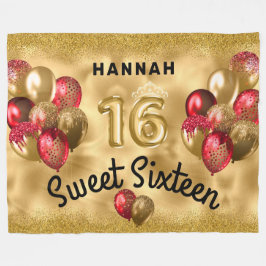 Personalisiert Gold Red Glitzer Balloons Sweet 16 Fleecedecke