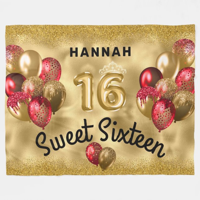 Personalisiert Gold Red Glitzer Balloons Sweet 16 Fleecedecke (Vorderseite (Horizontal))