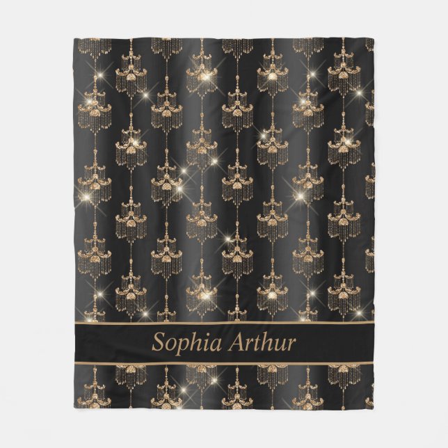 Personalisiert Gold Sparkle Kronier Pattern Schwar Fleecedecke (Vorderseite)