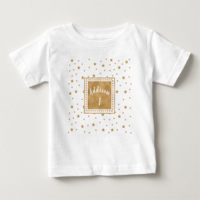 Personalisiert Gold Star Glitzer Girl Birthday Baby T-shirt (Vorderseite)