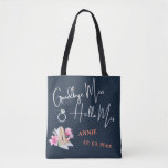 Personalisiert Goodbye Miss Hallo Mrs.<br><div class="desc">Personalisiert Goodbye Miss Hallo Mrs. Blue Tote Tasche. Das Design hat einen blauen Hintergrund mit dem Zitat "GOODBYE MISS HELLO MRS." und Platz, um den Namen der Braut in Weiß hinzuzufügen. Es kann durch Änderung des Namens der Braut angepasst werden. Für weitere Anpassungen, fühlen Sie sich frei, mir durch meine...</div>