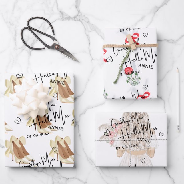 Personalisiert Goodbye Miss Hallo Mrs. Brautparty Geschenkpapier Set (Vorderseite)
