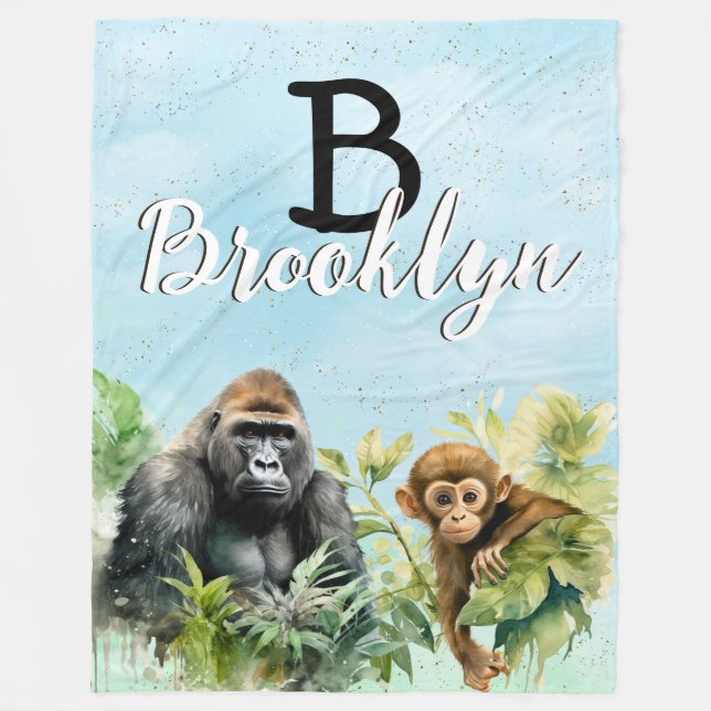 Personalisiert Gorilla Chimpanze Jungle Monogram Fleecedecke (Vorderseite)